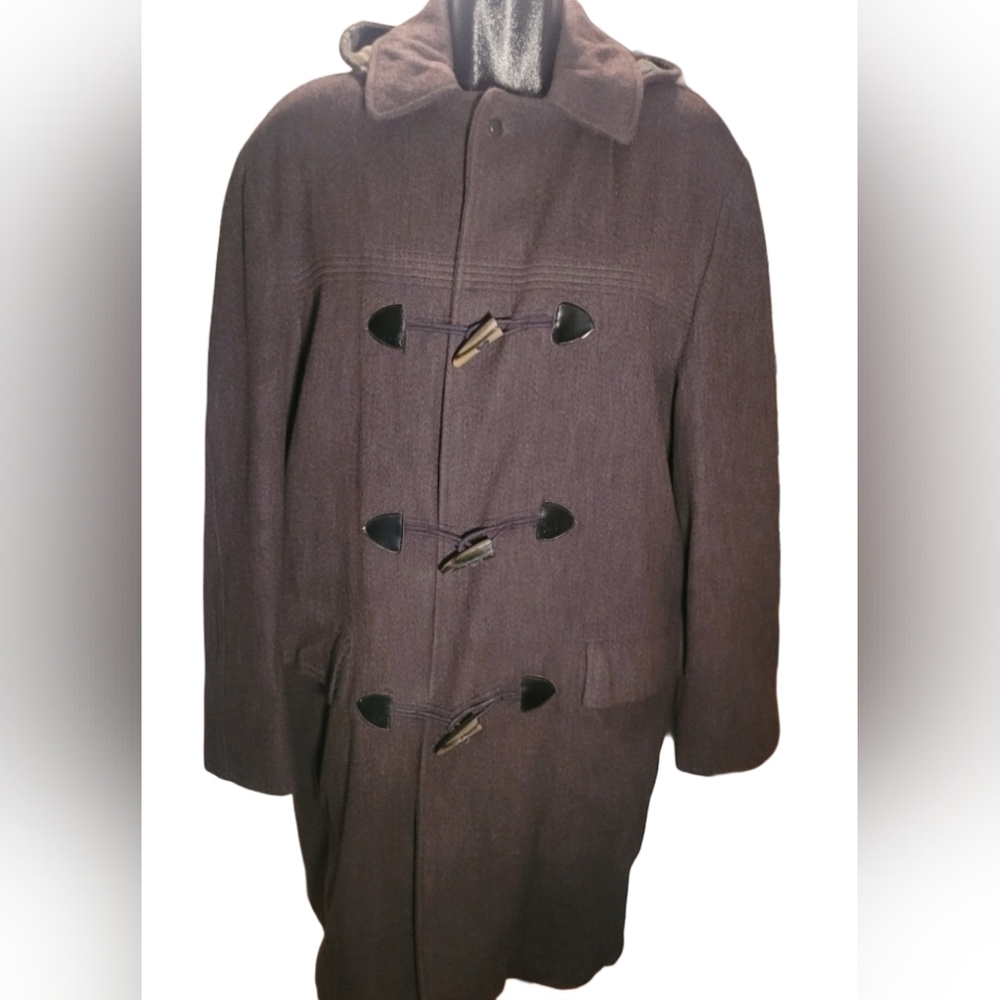 Classic Men's Brown Wool Toggle Pea Coat with Hood
